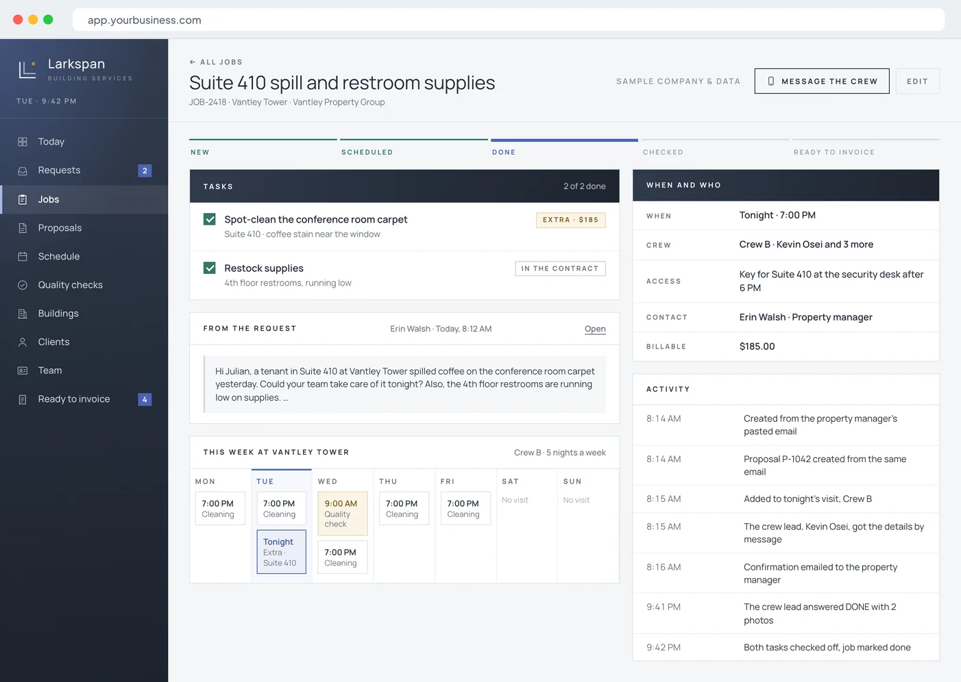 Sample dashboard showing a job: its tasks, the request it came from, the week at the building, who does it and when, and its activity.